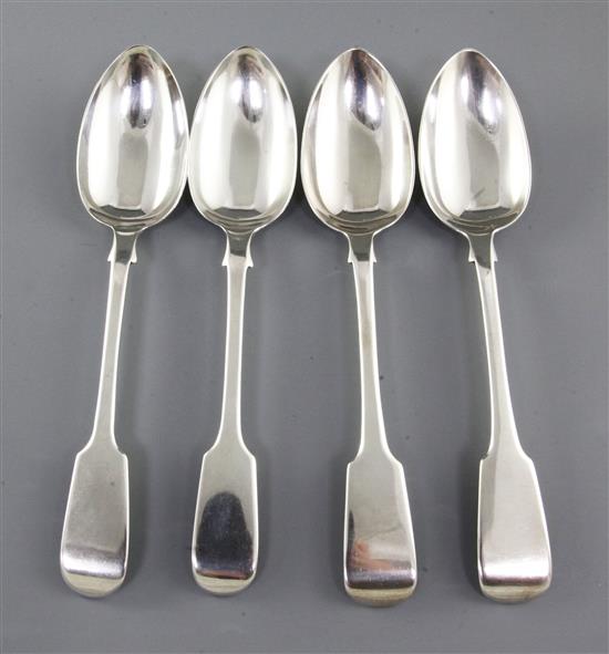 A pair of William IV silver fiddle pattern serving spoons and a similar Victorian pair, Length 237mm, weight 4.9oz/153grms